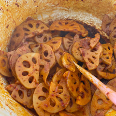 Kimchee Renkon (lotus roots) with Aonori Seaweed Flakes