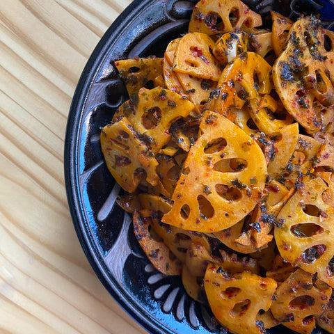 Kimchee Renkon (lotus roots) with Aonori Seaweed Flakes