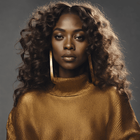 black woman with curly long hair, wearing gold sweater and looped gold earrings