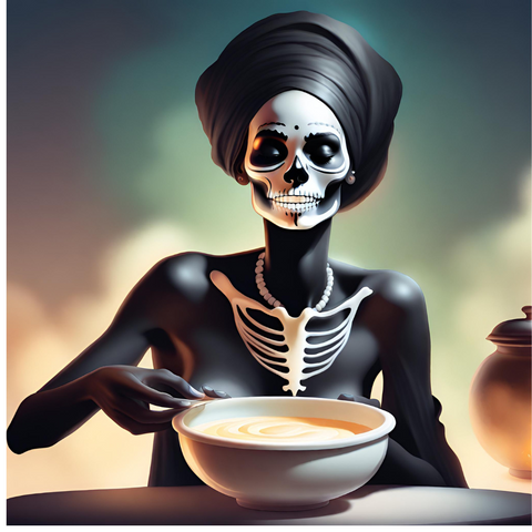 black Skeleton woman with a bowl of cream