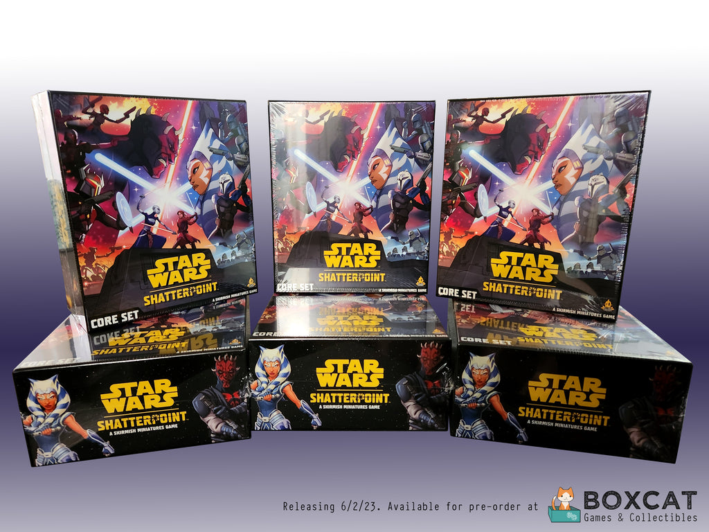 6 Star Wars Shatterpoint boxes arranged together. Now available for pre-order at Boxcat Games & Collectibles