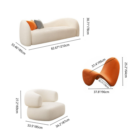 Dimension of Ghita Boucle Curved 3 Seaters Sofa with White Chair and Orange Chair