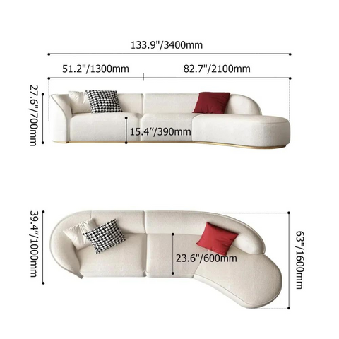 Dimension of Ghita Lambswool Curved White Sectional Sofa