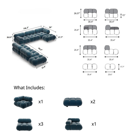 Dimension and Item Numbers of Superior Velvet Modular 7 Piece Sofa Set