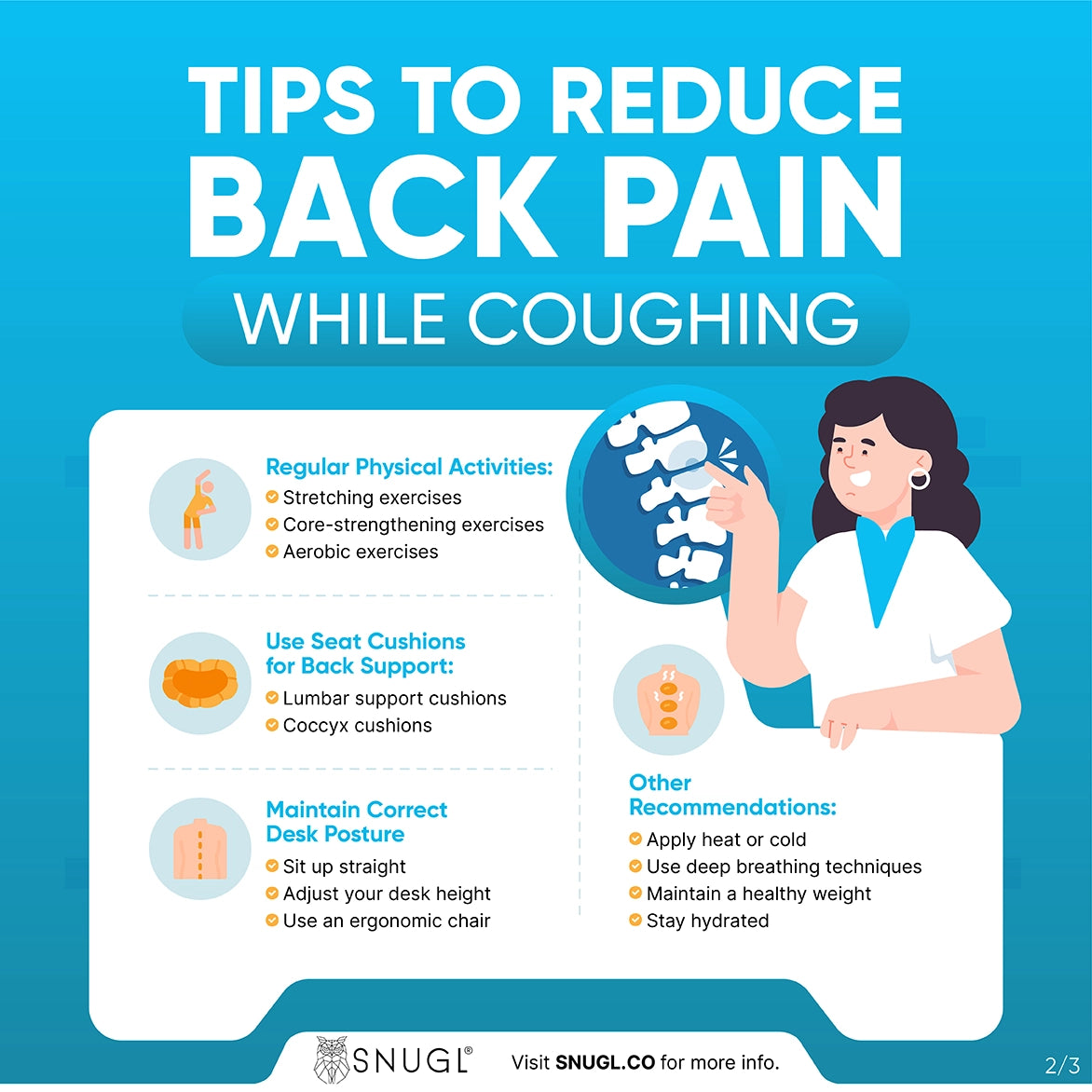 An infographic covering the tips to reduce back pain while coughing