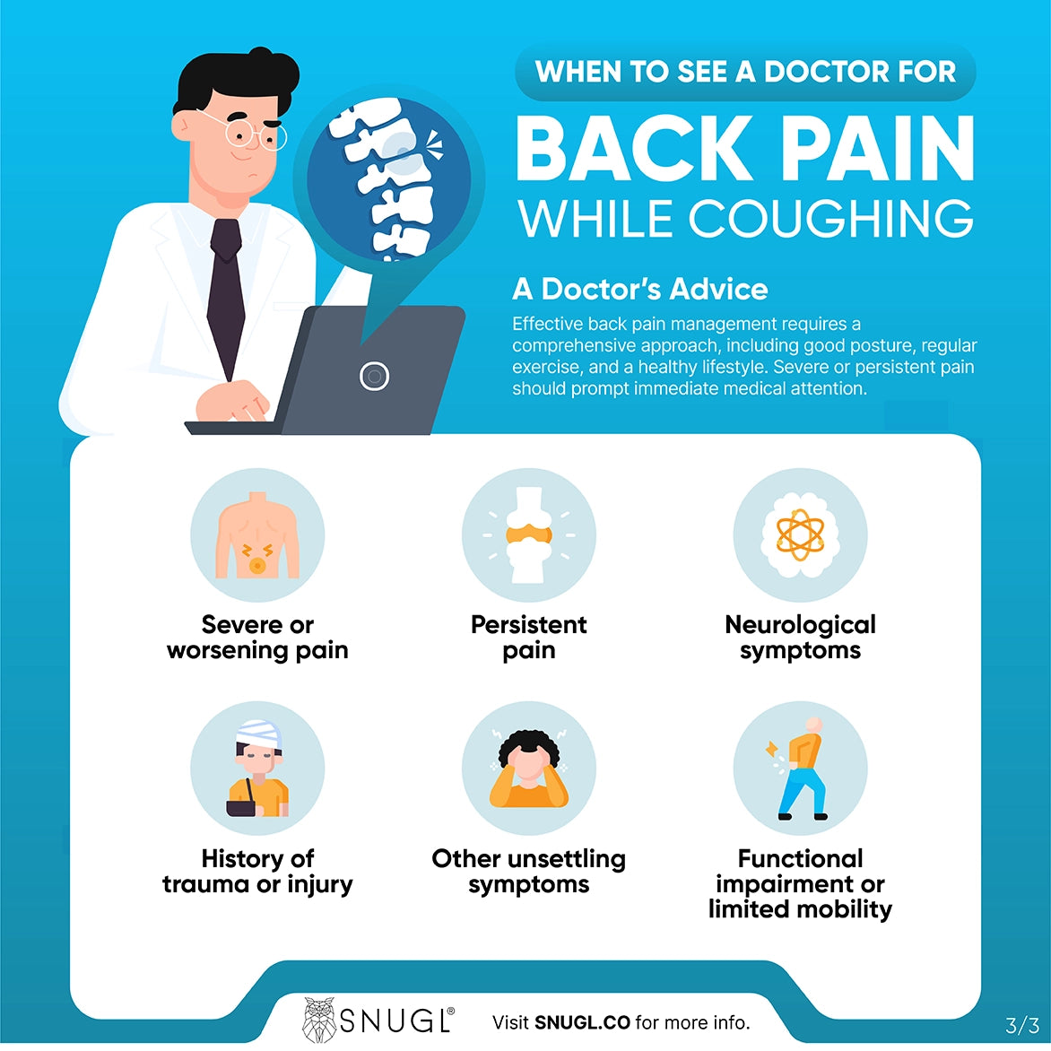 Infographic showing when to see a doctor for back pain while coughing
