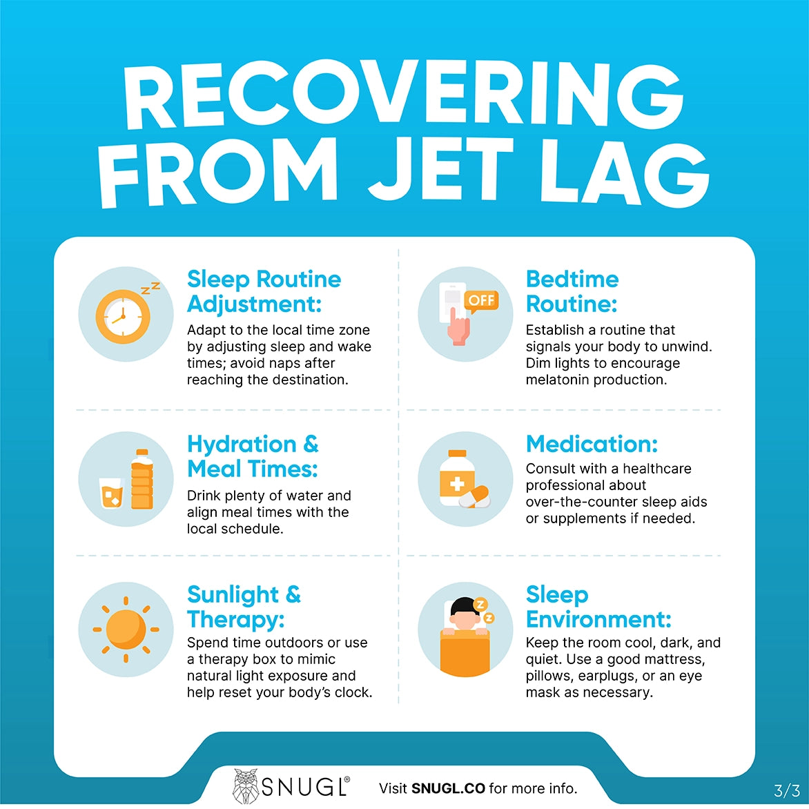 This third infographic in this article on how to get over jet lag looks at recovering fast, summarising the content in this section.