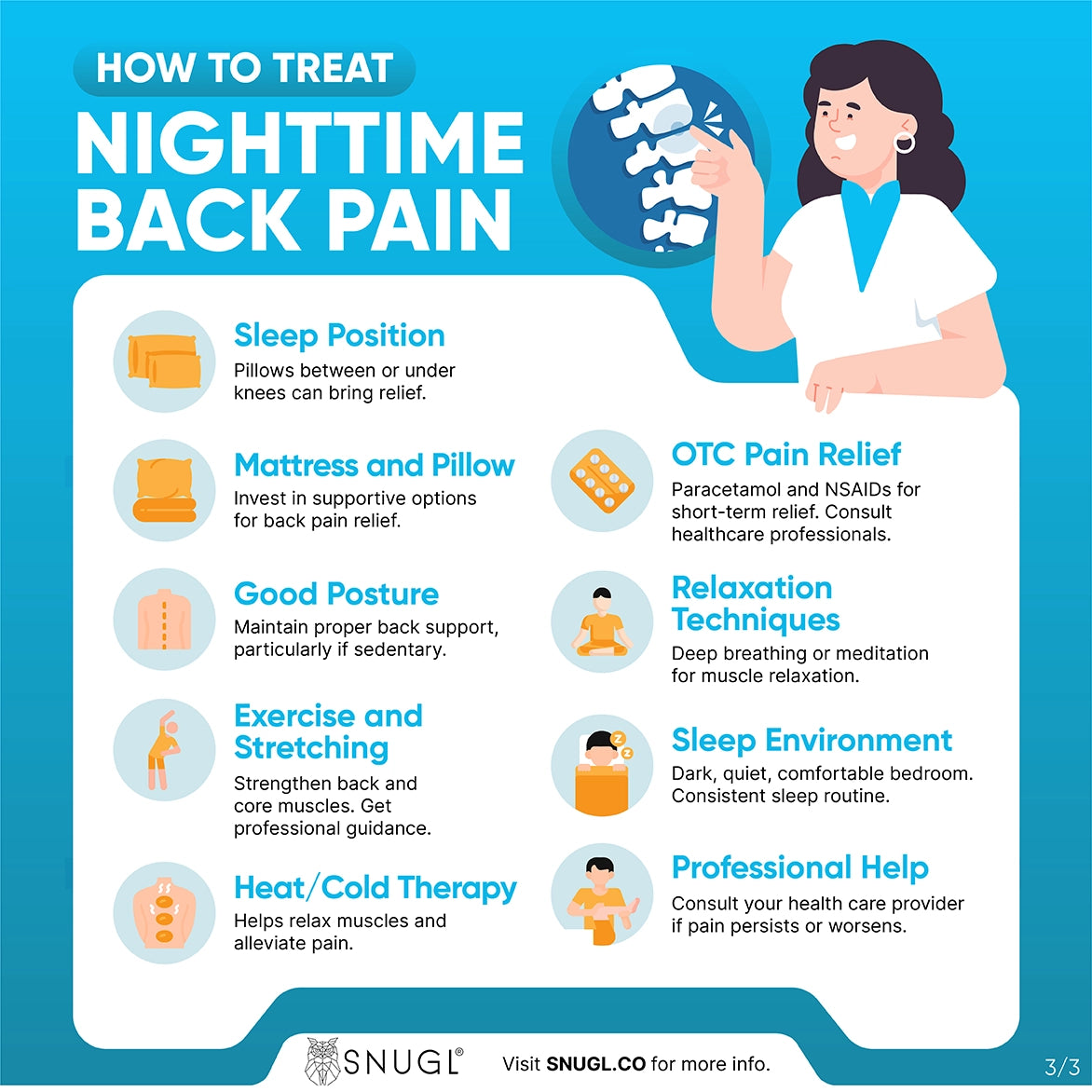 A bullet list infographic of how to treat the red flag of nighttime back pain that sumarises the content in this section