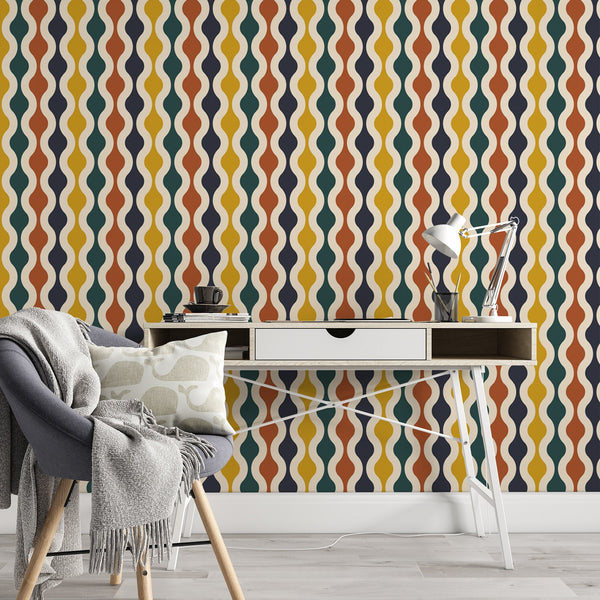 70s Retro Wavy Pattern Wallpaper ,Peel and Stick,Removable Wallpaper