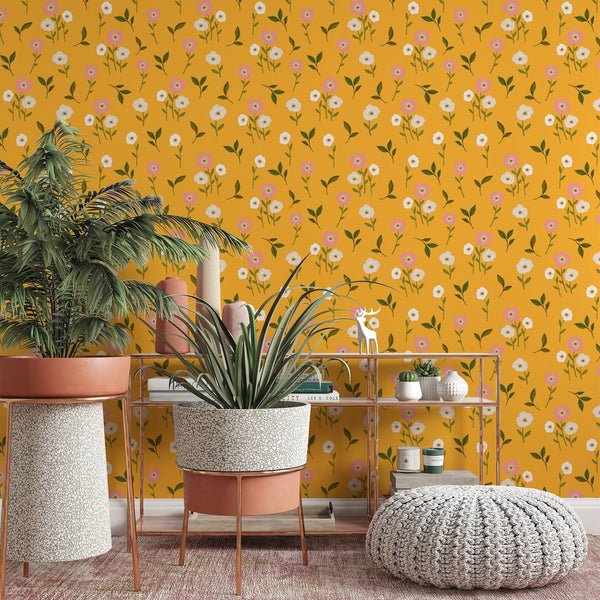 Floral Pattern Removable Wallpaper, Pretty Yellow Wall Cling, Botanical Peel and Stick, Modern Home Decor, Decorative Wall Mural Decal