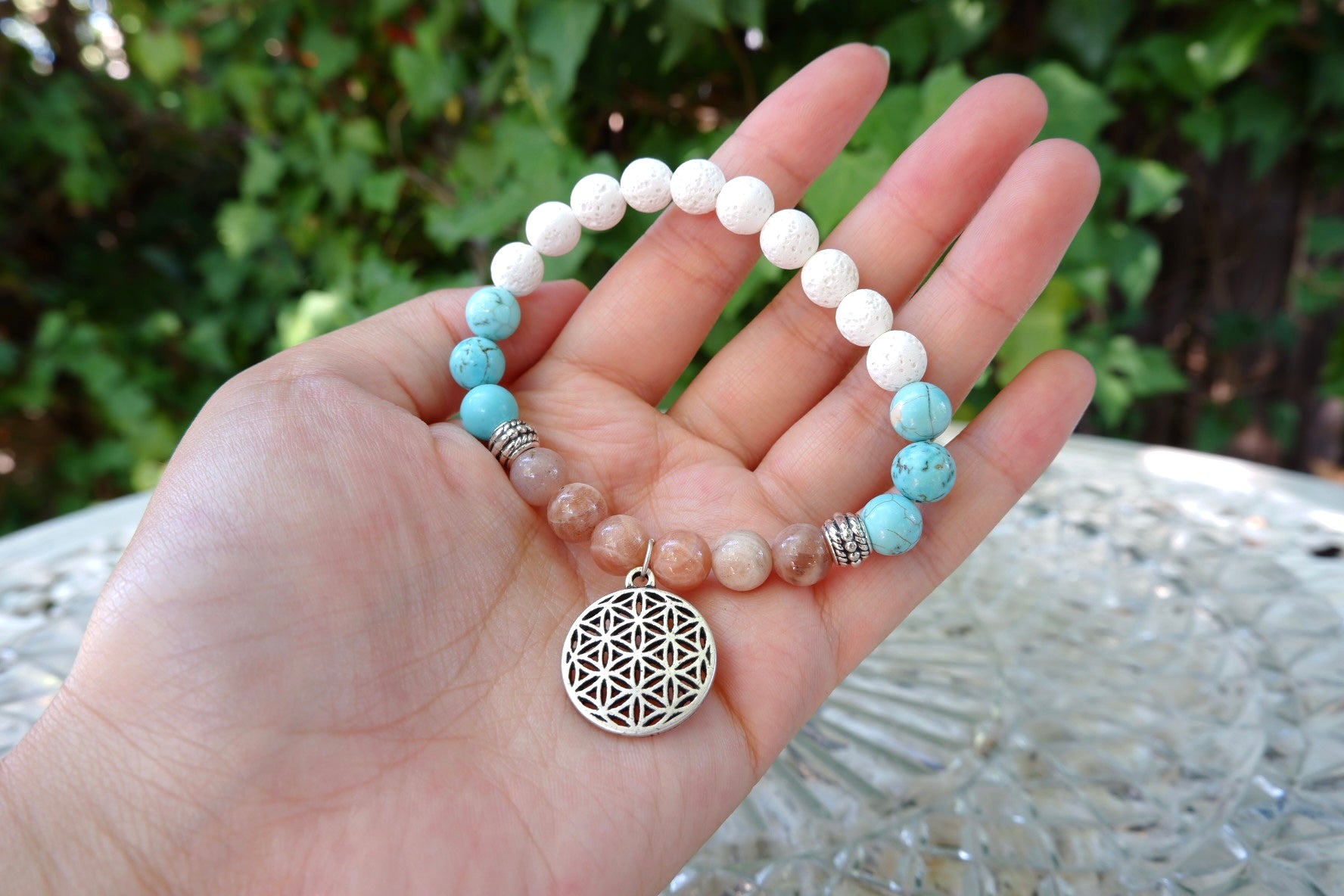 Flower of Life Peach Moonstone White Lava Bracelet
