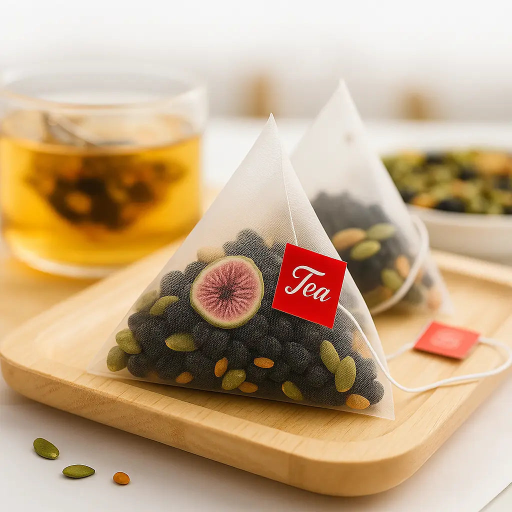 Pyramid-shaped fruit and seed tea bags with natural progesterone tea for menstrual relief