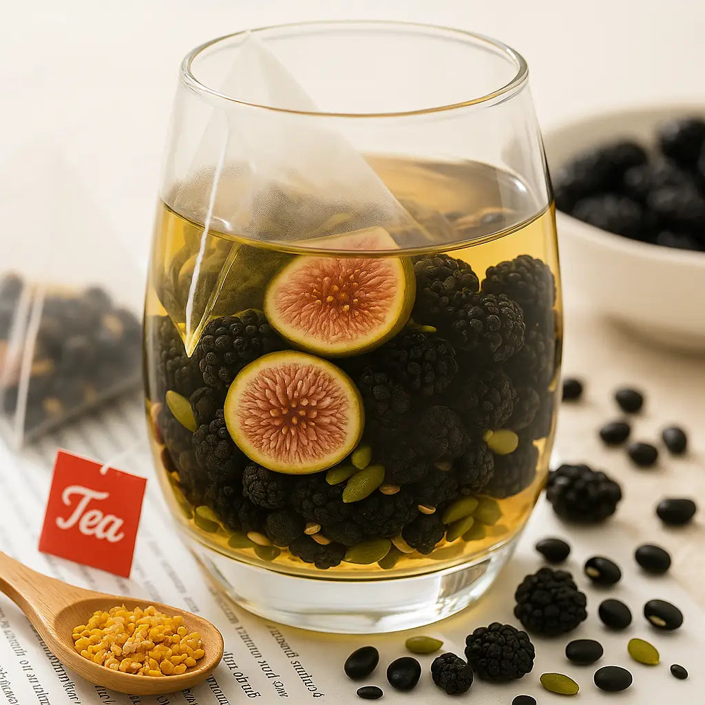 Fruit-infused tea in glass showcasing natural progesterone tea for menstrual cramps relief and golden flaxseed benefits