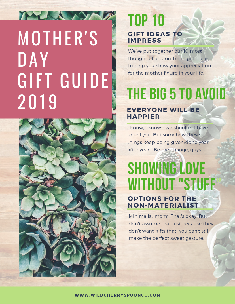 Image of a mother's day gift guide with product information.