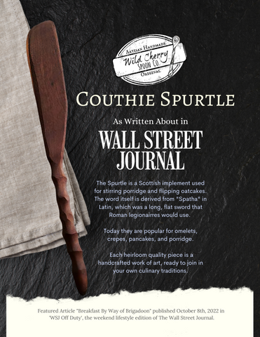 Wild Cherry Spoon Co.'s wooden Spurtle with description of how Spurtles are used for porridge, flatcakes, and more as written about in the Wall Street Journal