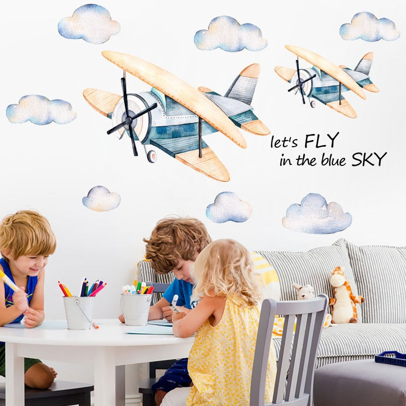 Fly in the Sky Wall Stickers – Kids Room Cartoon Airplane Wall Murals