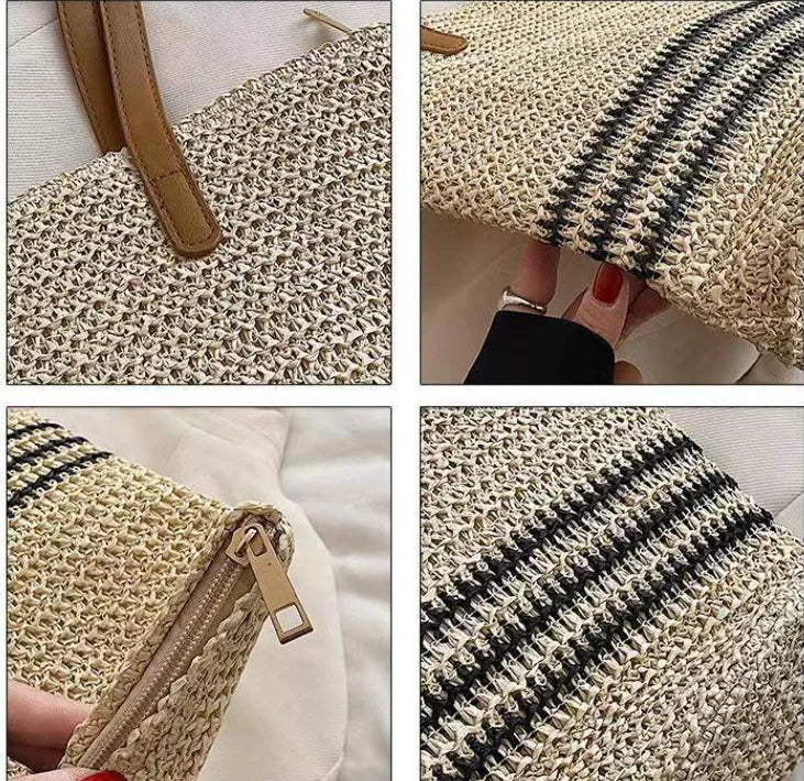 SunWeave Striped Straw Tote