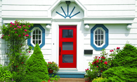 Red exterior door with three glass inserts