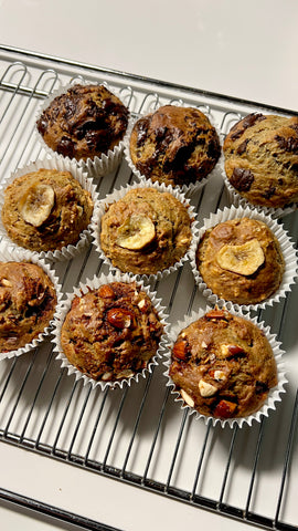 Banana Bread Muffins made from Banoffee Pie granola, with toppings like banana chips, nuts and chocolate chips
