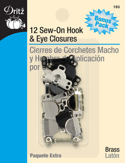 Sew-On Wide Hook & Eye Closures - 2 Sets/Pack - Black & Nickel