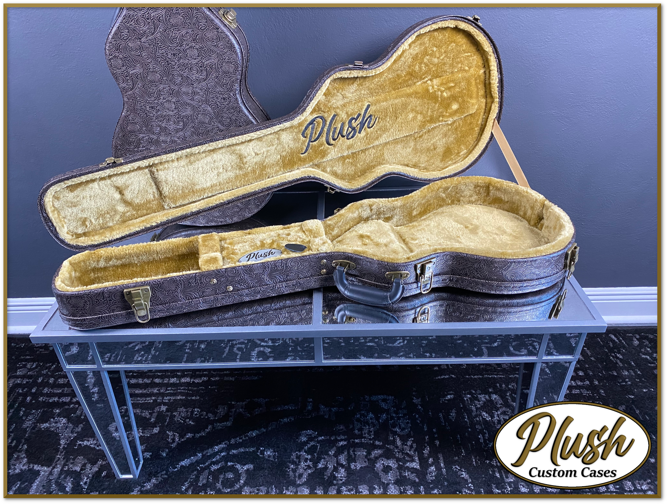 Plush-Paul LP Custom Guitar Case Tooled Leather pattern 2 with Bronze Fur