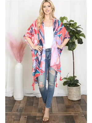 Abstract Tropical Print Tassel Open Front Kimono Orange - Dwell and Adorn
