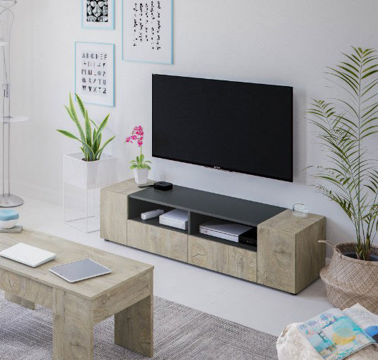Mueble TV con zócalo o patas NORWAY 160cm con 1 puerta, 2 cajones y 2 hueco  (varios acabados)