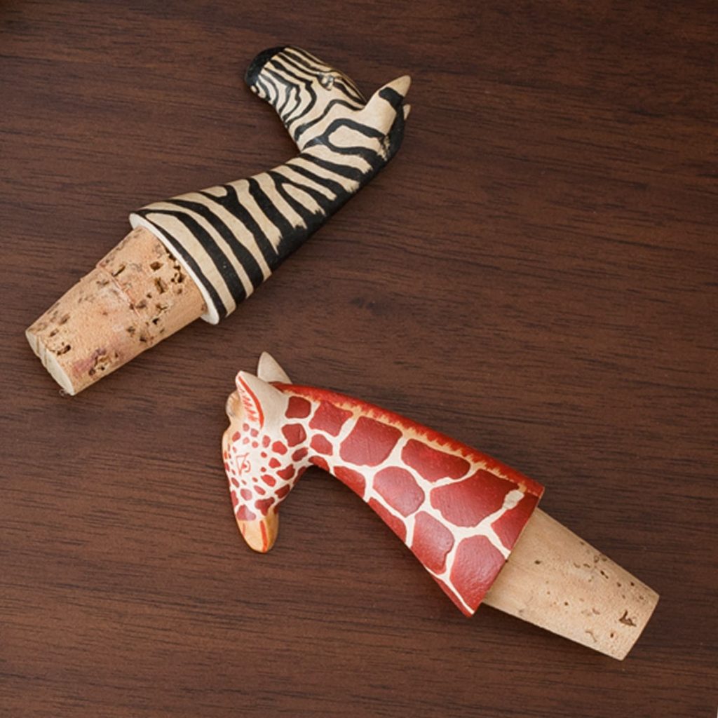 These two bottle toppers, the handcrafted giraffe and zebra heads can cork your wine bottle until you finish every drop. 
