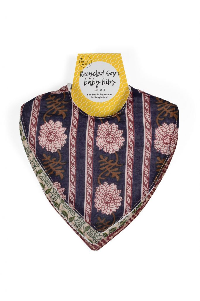 Ethical stocking stuffer for babies or new parents: the Upcycled Sari Baby Bibs, shown here in a pack of three. 