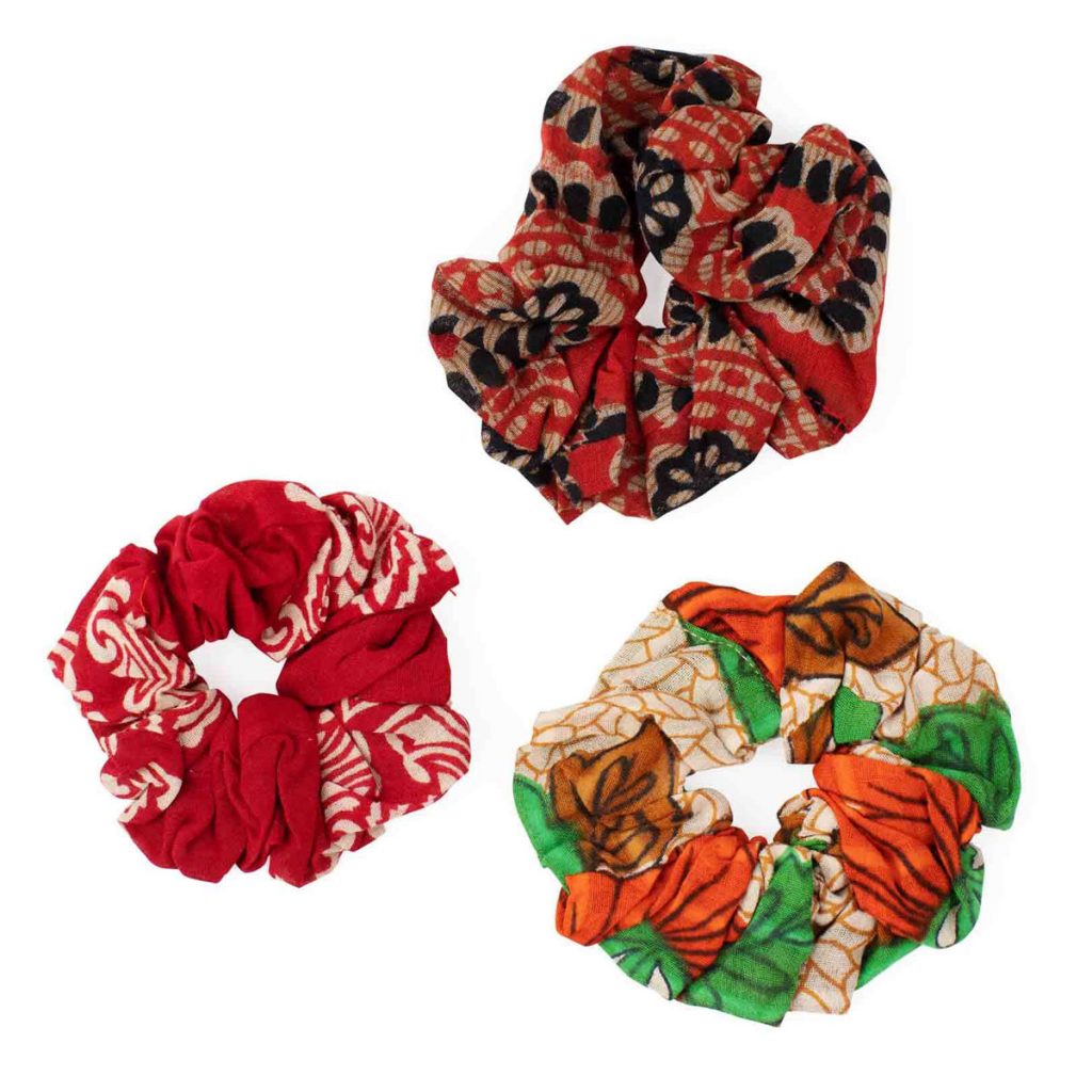 Ethical Stocking Stuffers | Scrunchies made from repurposed sari fabric, handcrafted in Bangladesh by women working with Prokritee. 