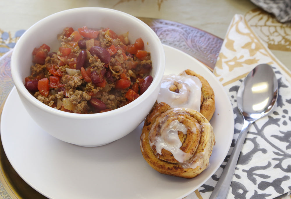 A perfect chili recipe — paired with cinnamon rolls! Ten Thousand Villages. Mosaic. Fair Trade.