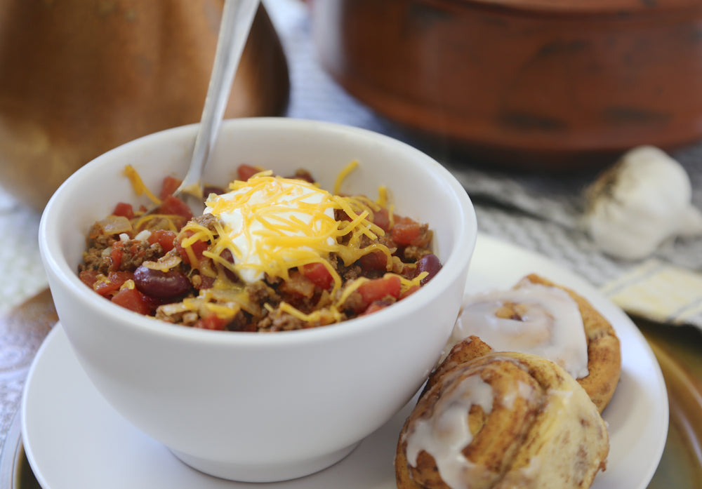 A perfect chili recipe — paired with cinnamon rolls! Ten Thousand Villages. Mosaic. Fair Trade.