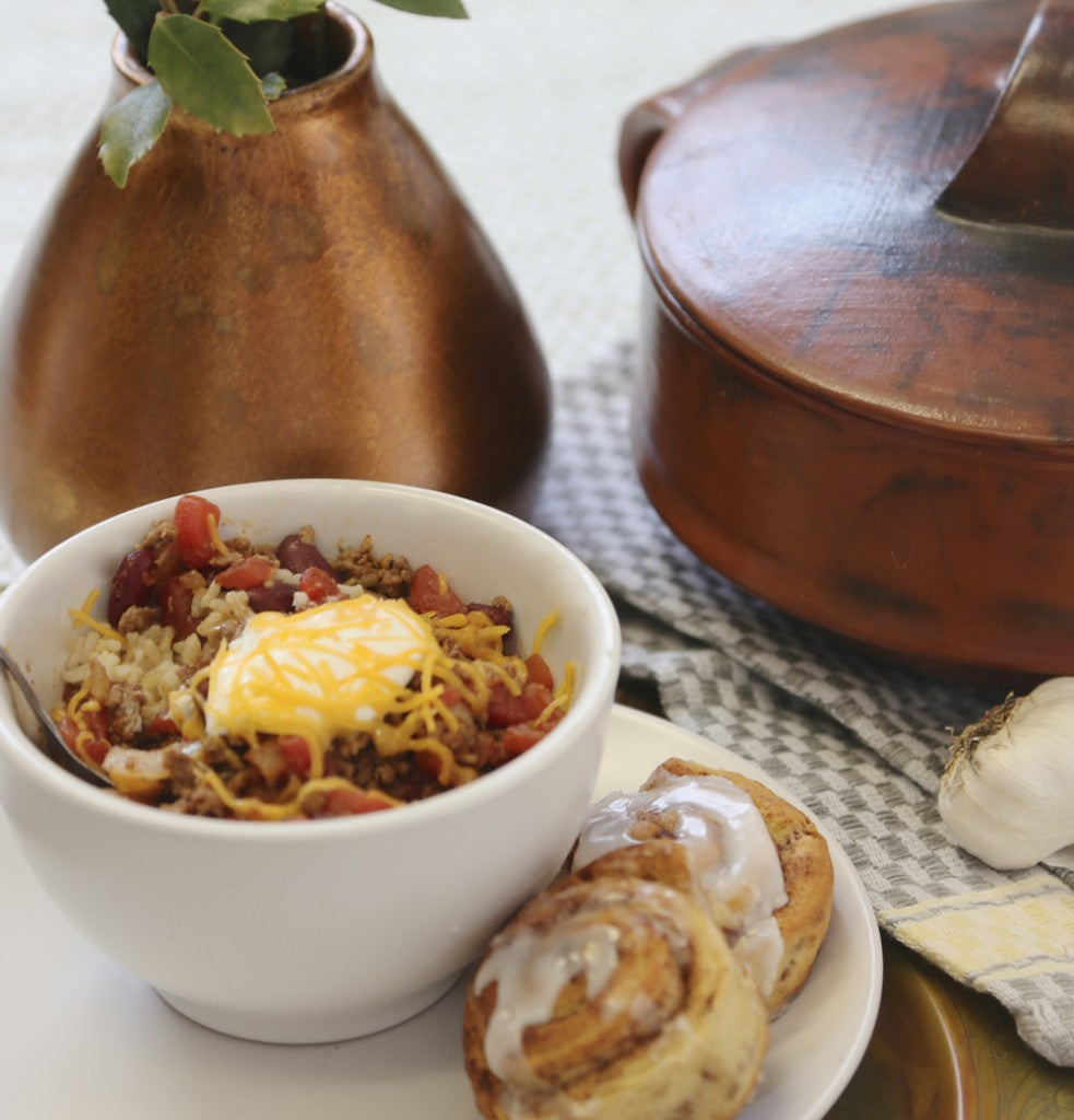 A perfect chili recipe — paired with cinnamon rolls! Ten Thousand Villages. Mosaic. Fair Trade.