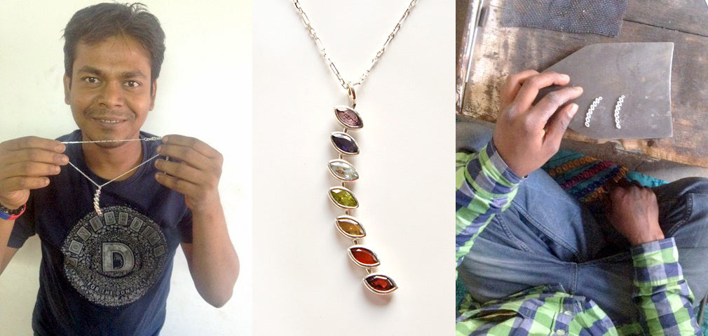 What are chakras and how do they work? A beginner’s guide to balancing your energy flow. Ten Thousand Villages, fair trade chakra stone necklace and earrings.