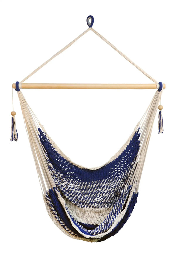 blue and white hammock chair with a dowel to hang 