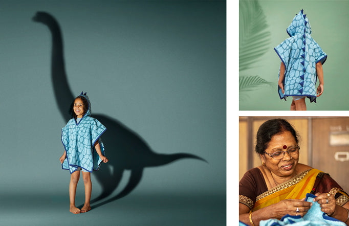 A montage of three images shows off the Fierce Creature Towel in blue. A child with black hair and brown skin wears the blue hooded towel with reptile skin designs and blue spikes down the back. They stand in front of a blue background and the shadow they cast is of a brachiosaurus. The second image shows the child from the back with the spikes on the towel featured. The third image shows one of the makers sewing the binding on the edge of the towel. She wears glasses and a bindi on her forehead. 