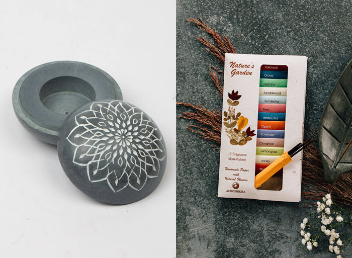 Split image features the Stone Incense and Candleholder and the Nature's Garden Incense Set from Ten Thousand Villages. 
