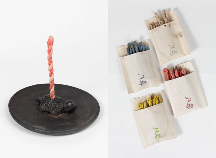 Split image which shows items from the Lotka Rope Incense Set from Ten Thousand Villages. Includes handcrafted clay turtle incense holder and 4 different scents of rope incense from Nepal. 