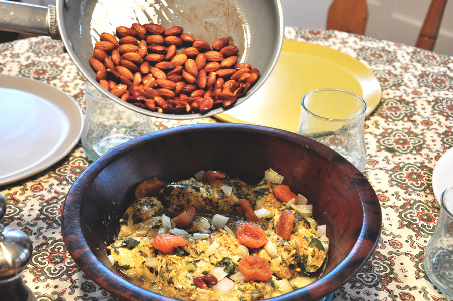 Tagine - Clay Pot Cooking - Dinner Party Recipe - Chicken with Apricots and Almonds - Caring and Curing