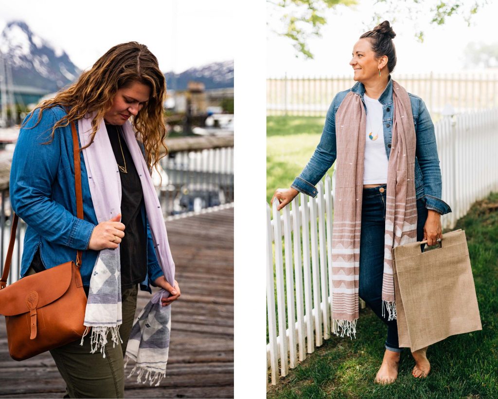 These two images show two different models wearing two different Jamdani woven scarfs from Ten Thousand Villages. One is the Jamdani Weave Scarf, the other is the Jamdani Weave Brown Scarf. 