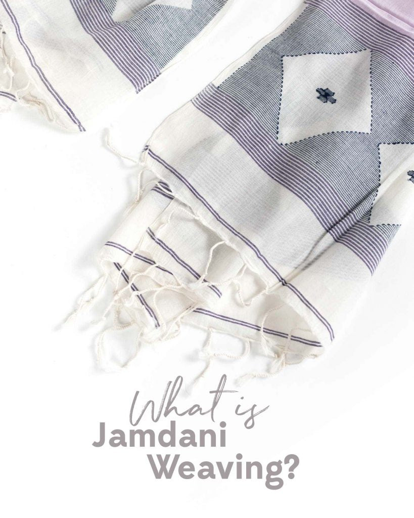 Image shows a Jamdani woven scarf in a stripes and diamond motif. Text reads, "What is Jamdani Weaving?"