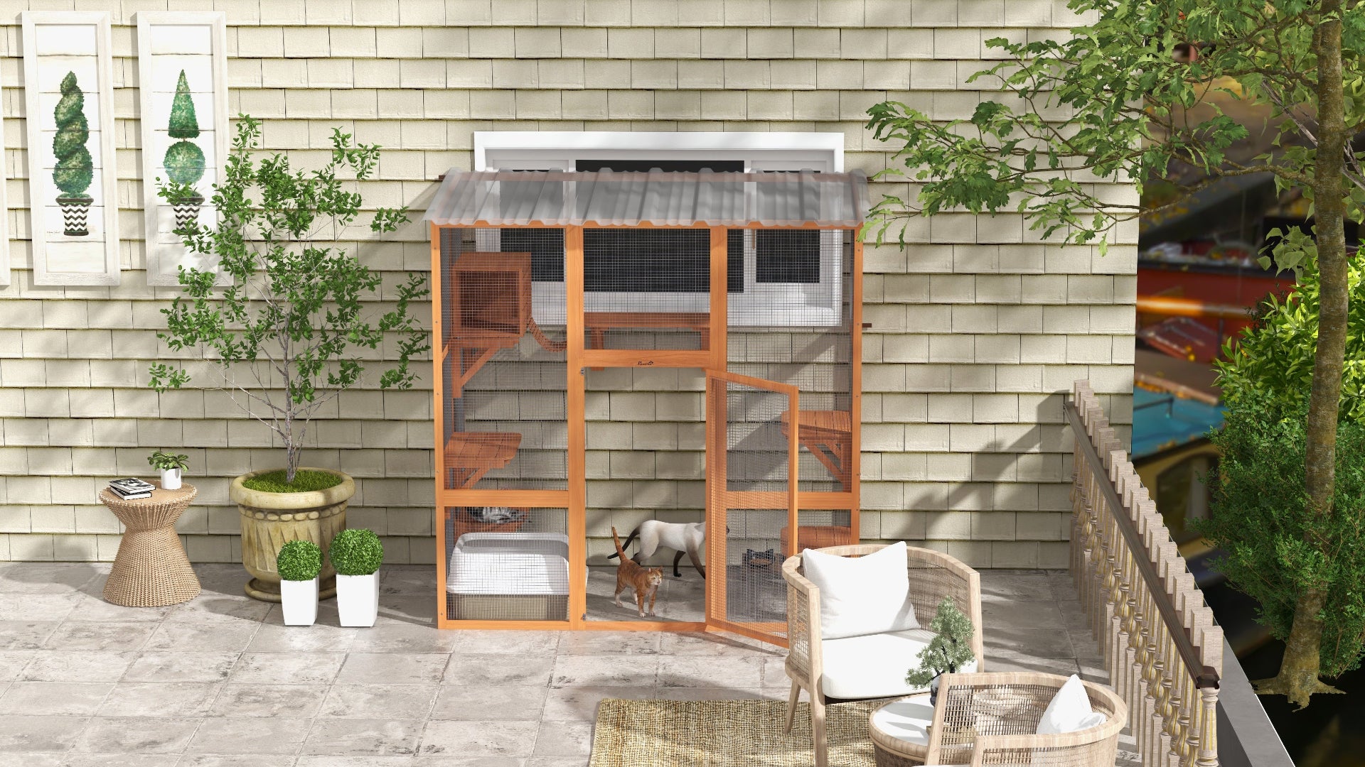 Outdoor Cat Enclosure with
Scratching Posts &
Weatherproof Roof,
68"x35.5"x70.5", Orange