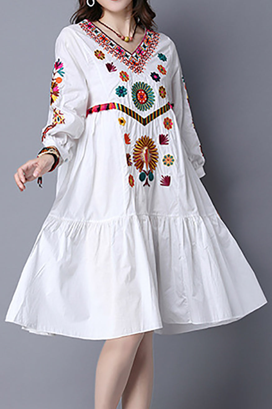 white boho embroidered dress