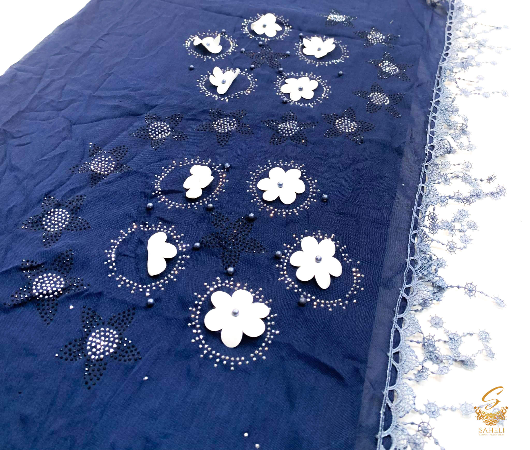 Nevi BLue colour pure linen based beautiful embroidered work netting d ...