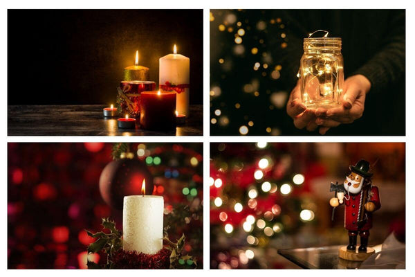 Lit Christmas tree with stockings by a stone fireplace.