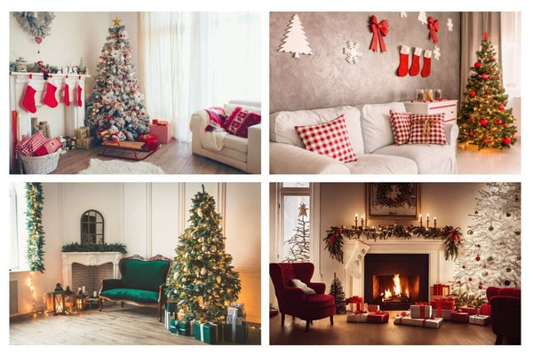Collage of four cozy Christmas-decorated living rooms.