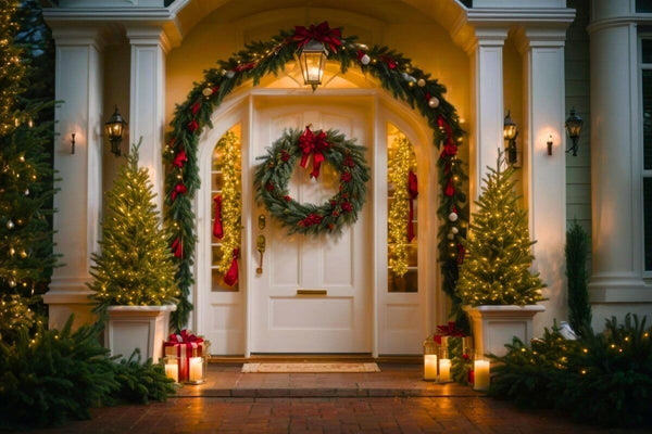 Festive wreath and Christmas decorations on a front door.