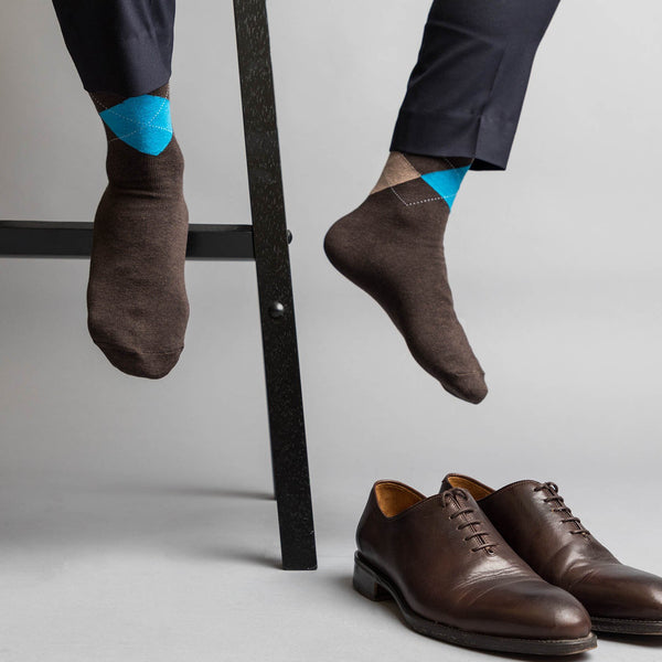 Brown, Blue & Light Brown Argyle Socks - SprezzaBox