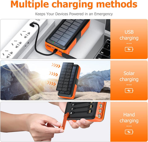 The Ultimate 30000mAh Solar Power Bank with Hand Crank and Dual Built-in Cable