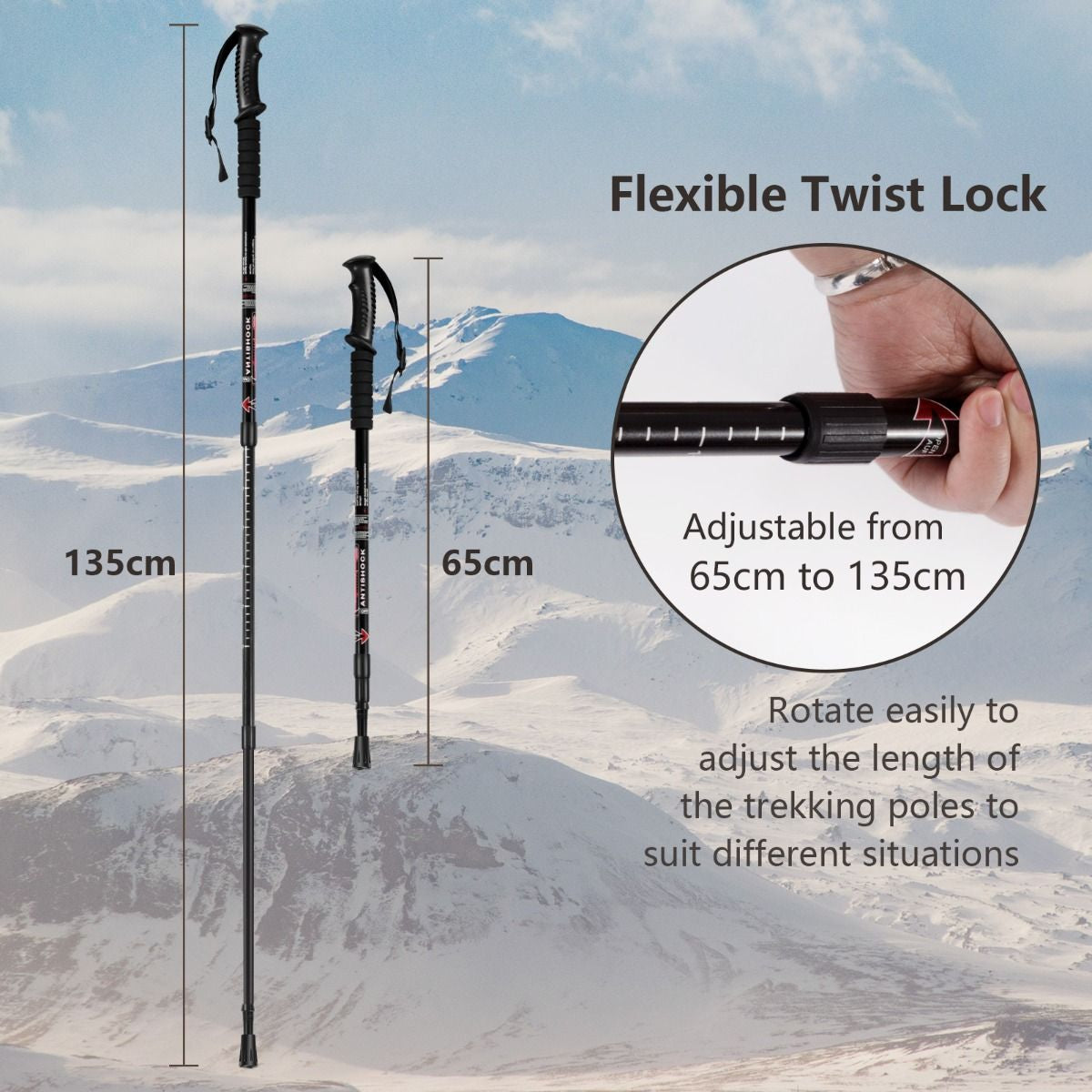 Hiking Pole Aluminum Trekking Pole Walking Pole Adjustable 65-135 Cm
